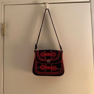Striking Guatemalan purse, wool and cotton from Solola, navy blue and red.
